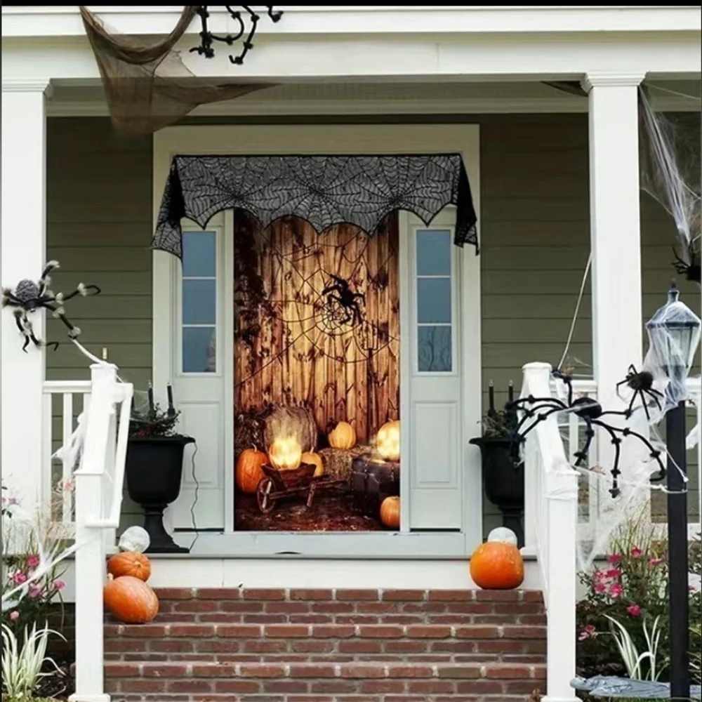 Halloween Mantle Decor Fireplace Cover Spiderweb Trick Or Treat Scary Spooky